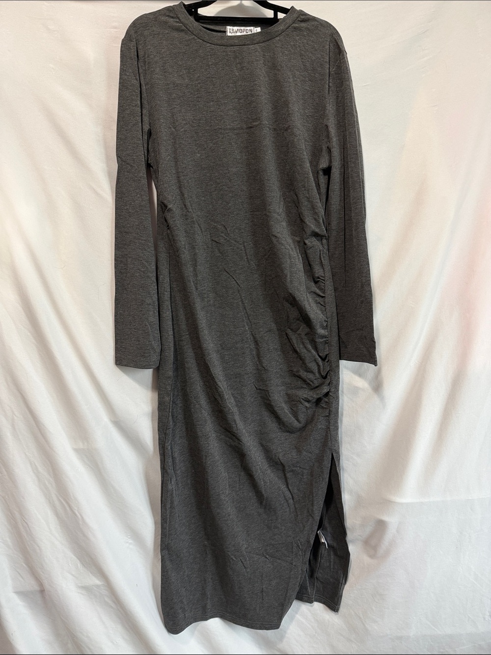 Temofon Charcoal Gray Long Sleeve Ruched Midi Dress